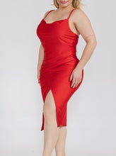 Load image into Gallery viewer, Silky cowl neckline side slit midi dress