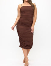 Load image into Gallery viewer, Solid Mesh Ruched Midi Dress