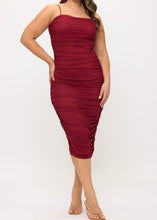 Load image into Gallery viewer, Solid Mesh Ruched Midi Dress