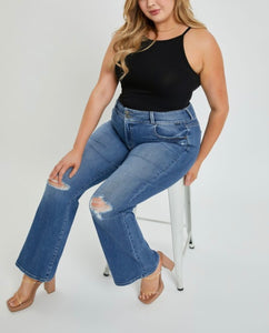 Double Button Mid Rise Flare Jeans