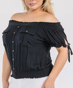 Smocked neckline off shoulder top