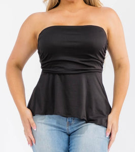 Solid side ruched asymmetric hem tube top