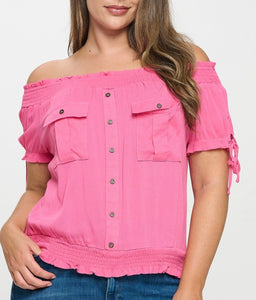 Smocked neckline off shoulder top