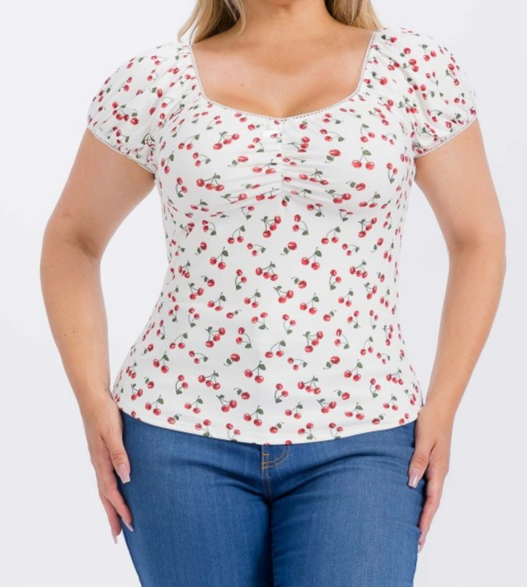 Cherry print ribbed short sleeve top