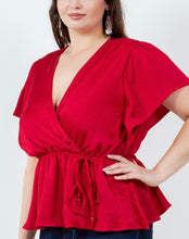 Load image into Gallery viewer, Satin surplice flutter sleeve peplum top
