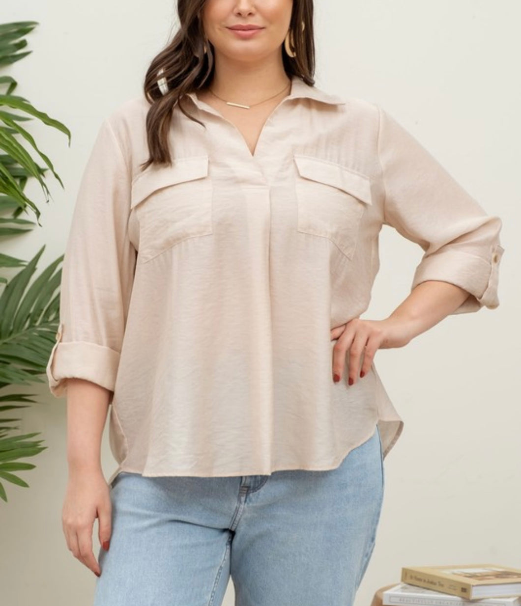 Collared split neck roll up sleeve top