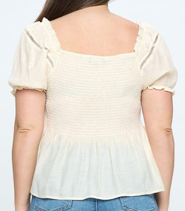 Solid Puff Sleeves Smocked Top