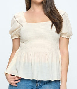 Solid Puff Sleeves Smocked Top