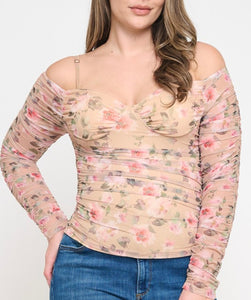 Floral mesh cold shoulder top