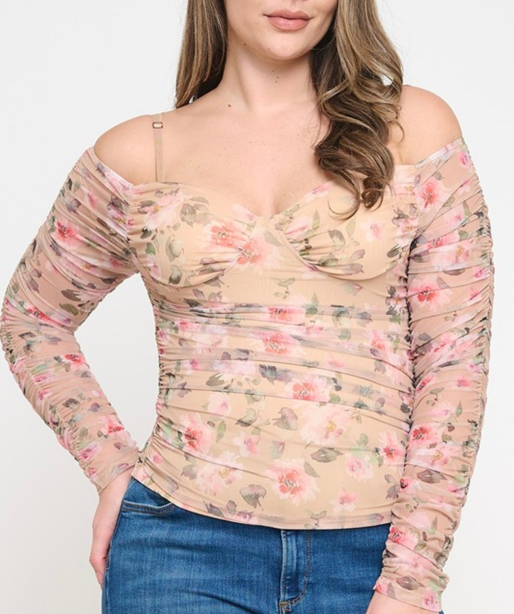 Floral mesh cold shoulder top