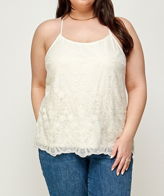 Embroidered Mesh T-Back Cami Top