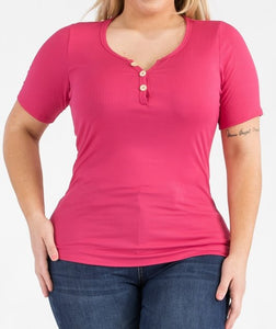 Ribbed Button Detail Short Sleeve Top