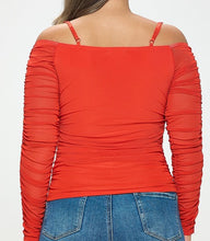 Load image into Gallery viewer, Off Shoulder Sheer Mesh Ruched Top
