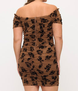 Printed off shoulder ruched mini dress