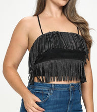 Load image into Gallery viewer, Faux Suede Rhinestone Fringe Top
