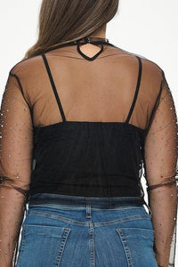 Rhinestone Sheer Mesh High Neck Top