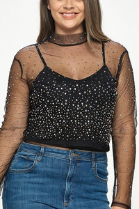 Rhinestone Sheer Mesh High Neck Top