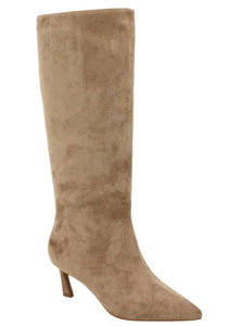 Microsuede pointed toe kitten heel knee high boots