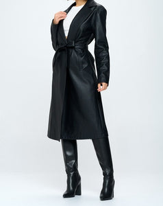 Faux Leather Notched Trench Coat