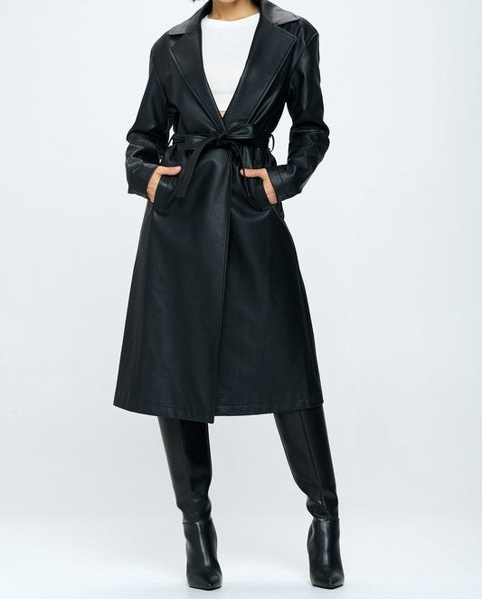 Faux Leather Notched Trench Coat
