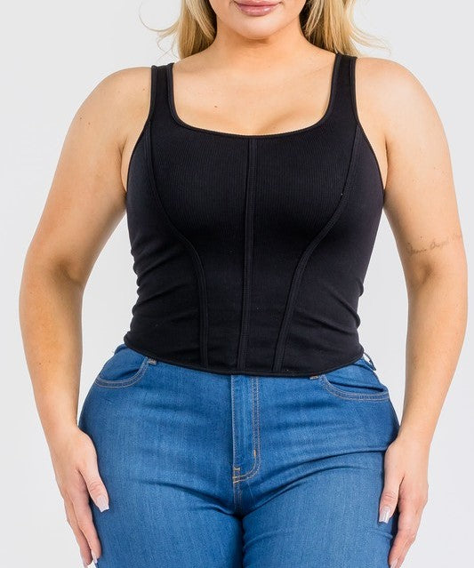 Seamless Square Neck Fitted Corset Detail Tank Top
