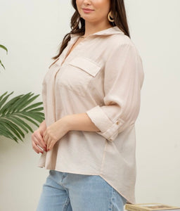 Collared split neck roll up sleeve top