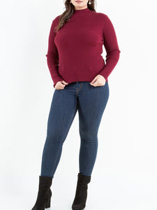 Solid mock neck ribbed knit top