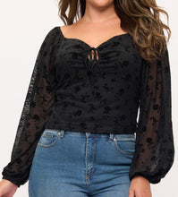 Load image into Gallery viewer, Floral flocked velour mesh top
