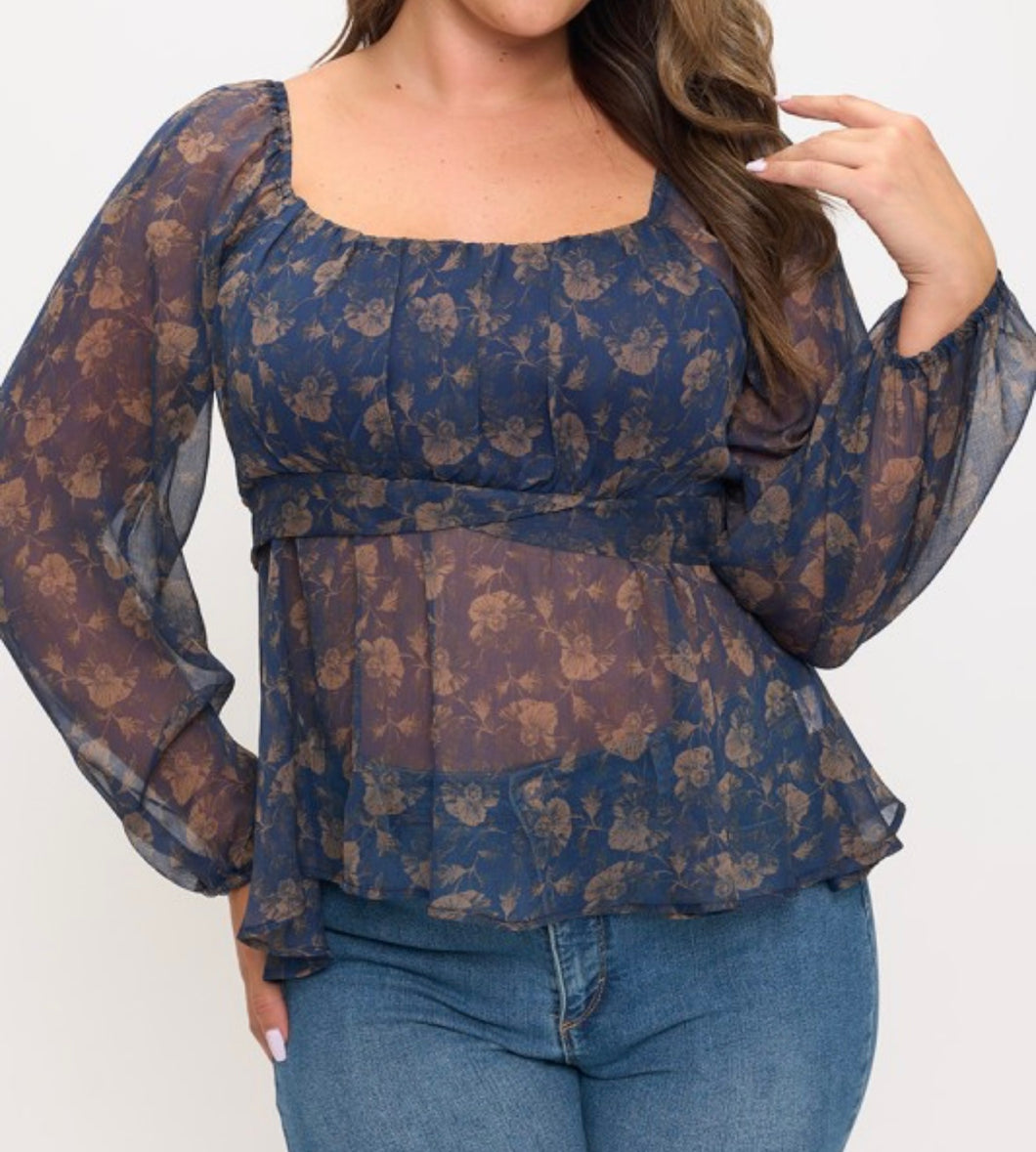 Floral print tie back long sleeve top