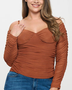 Off Shoulder Sheer Mesh Ruched Top