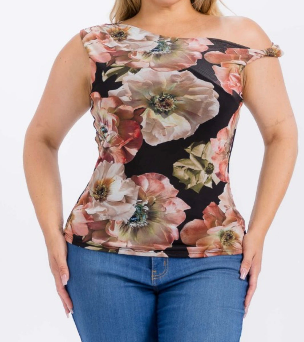 Floral mesh off shoulder twist sleeve top