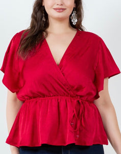 Satin surplice flutter sleeve peplum top