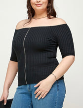 Load image into Gallery viewer, Solid ribbed off shoulder zip top
