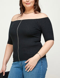 Solid ribbed off shoulder zip top