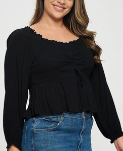 Ruched front ruffle trim top