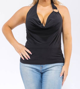 Deep cowl neck halter top