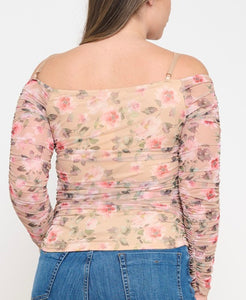 Floral mesh cold shoulder top