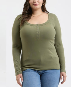 Scoop neck long sleeve henley knit top