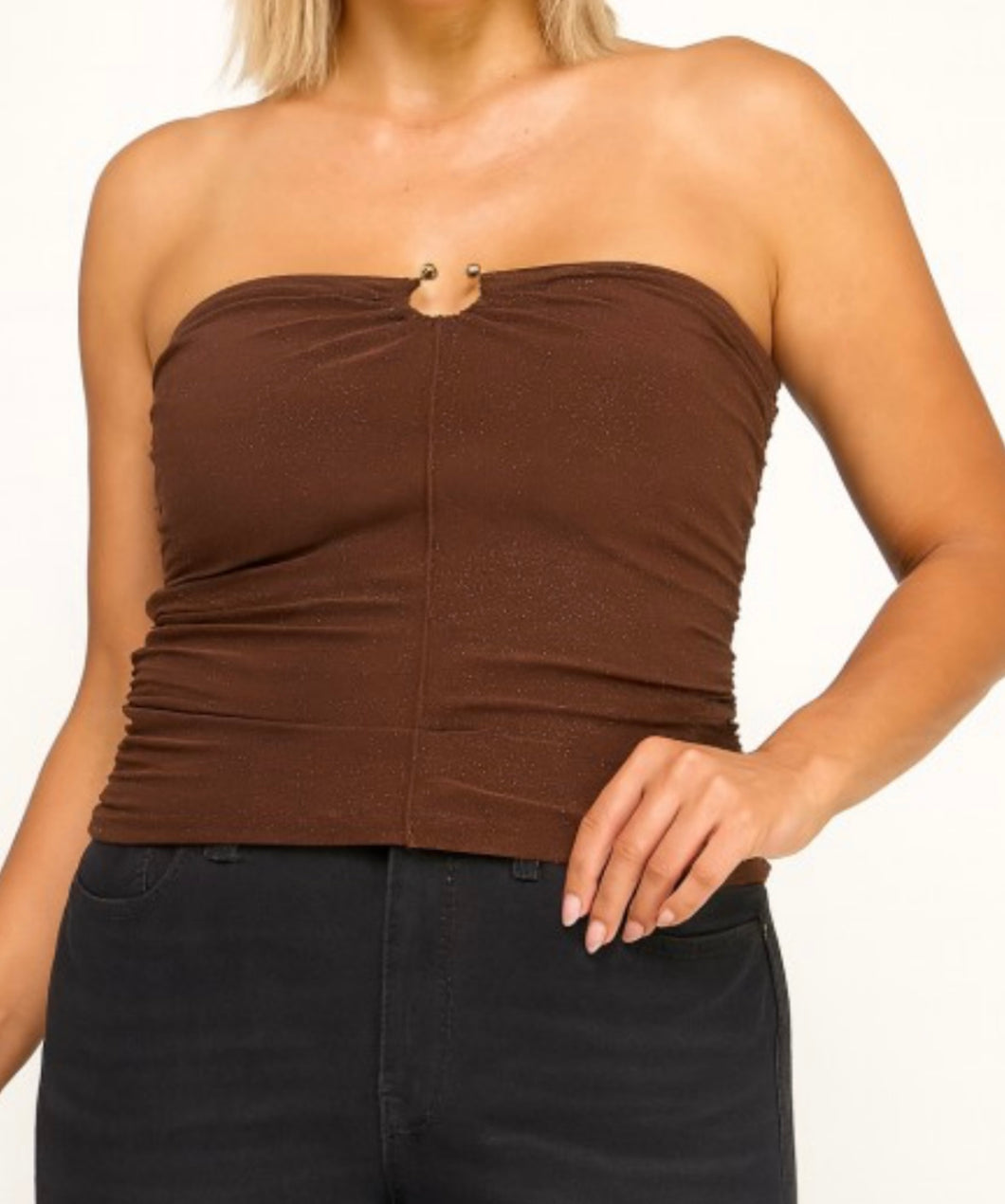 Strapless glitter bandeau top