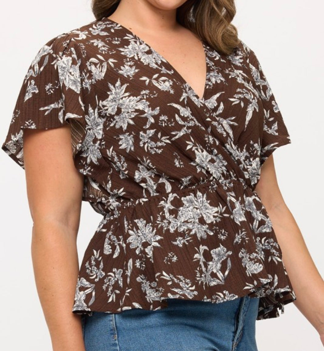 Tropical print surplice top
