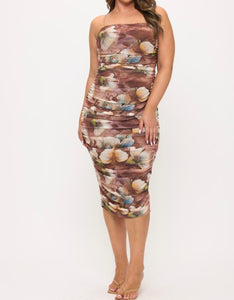 Floral print ruched mesh dress