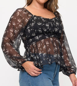 Floral print tie back long sleeve top