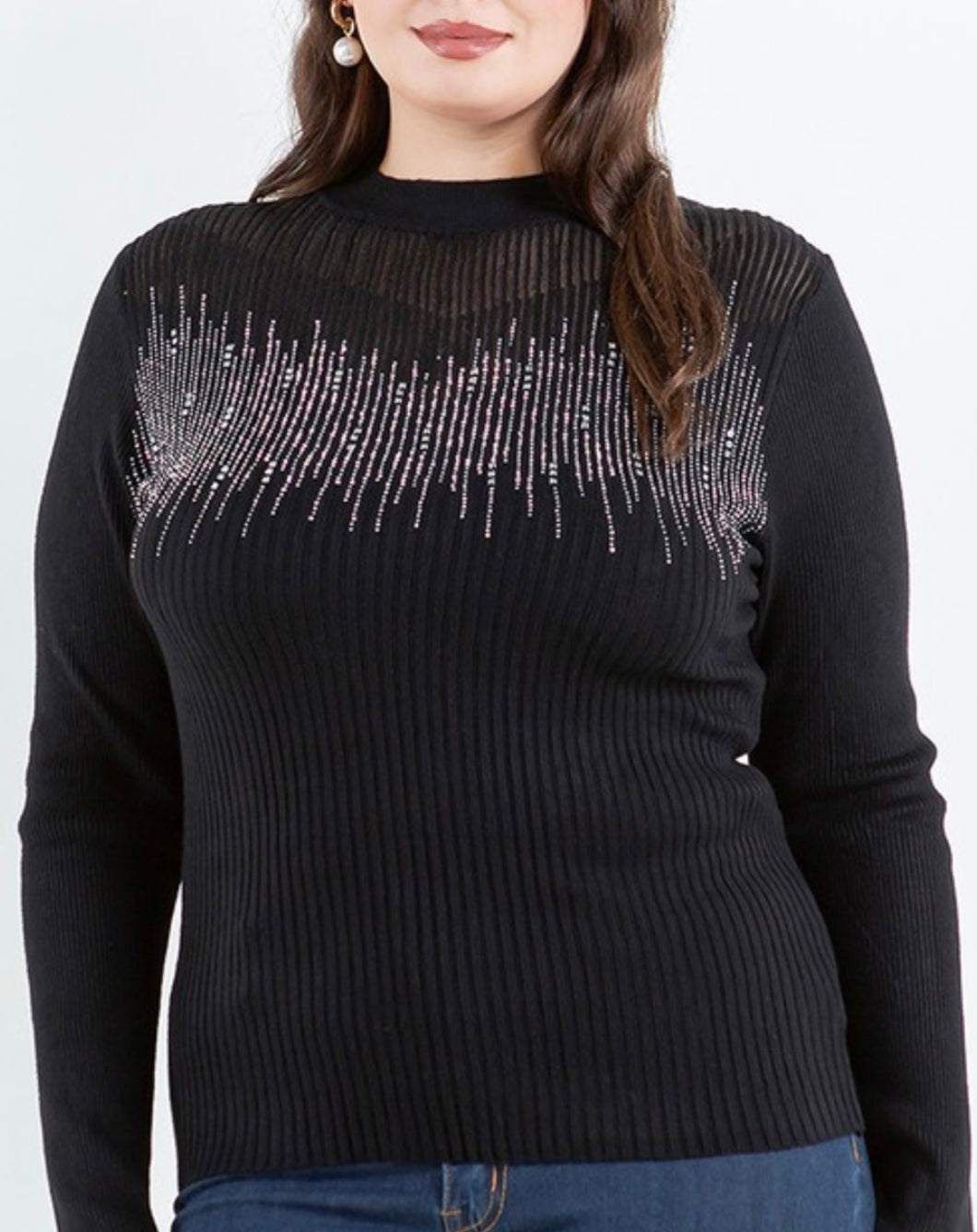 Rhinestone crew neck sweater top