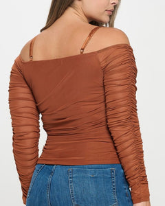 Off Shoulder Sheer Mesh Ruched Top