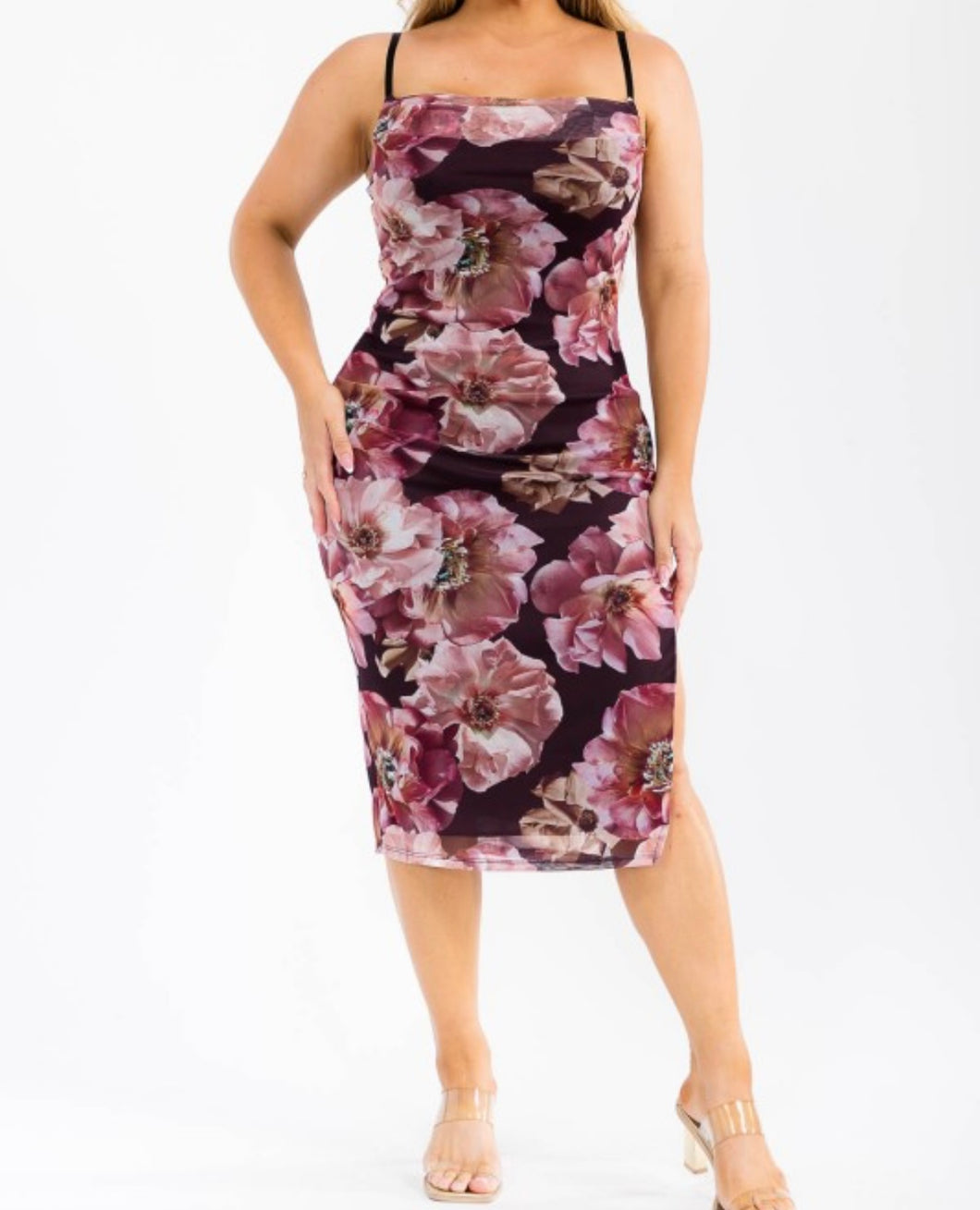 Floral mesh side slit midi dress