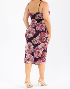 Floral mesh side slit midi dress