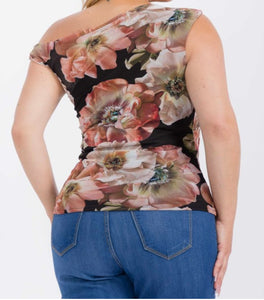 Floral mesh off shoulder twist sleeve top