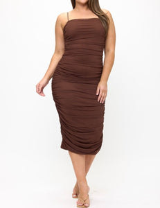 Solid Mesh Ruched Midi Dress