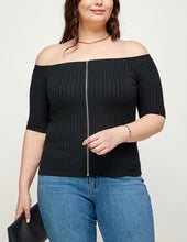 Load image into Gallery viewer, Solid ribbed off shoulder zip top
