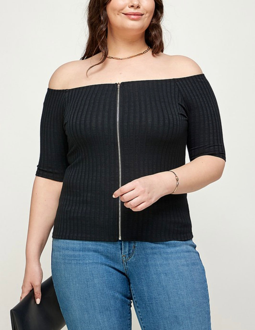 Solid ribbed off shoulder zip top